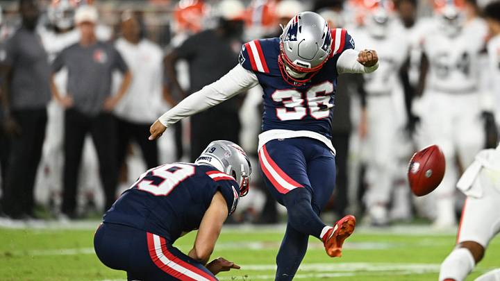 Aug 27, 2026; Cleveland, Ohio, USA;  New England Patriots kicker Andy Borregales (36) makes a field goal against the Cleveland Browns during the first half at Huntington Bank Field.  Mandatory Credit: Ken Blaze-Imagn Images