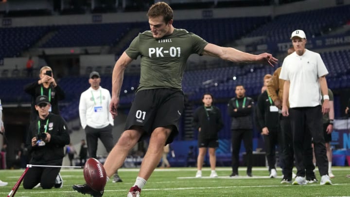 Mar 3, 2024; Indianapolis, IN, USA; Stanford place kicker Joshua Karty (PK01) during the 2024 NFL Combine at Lucas Oil Stadium. Mandatory Credit: Kirby Lee-USA TODAY Sports Mar 3, 2024; Indianapolis, IN, USA; Stanford place kicker Joshua Karty (PK01) during the 2024 NFL Combine at Lucas Oil Stadium. Mandatory Credit: Kirby Lee-USA TODAY Sports