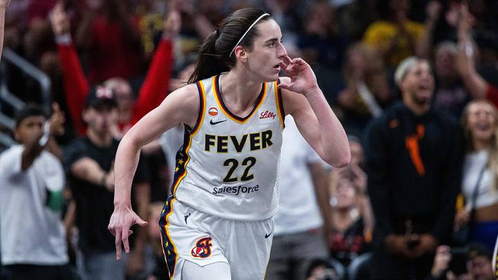 Jun 24, 2026; Indianapolis, Indiana, USA; Indiana Fever guard Caitlin Clark (22) celebrates a made shot in the first half against the Phoenix Mercury at Gainbridge Fieldhouse. Mandatory Credit: Trevor Ruszkowski-Imagn Images