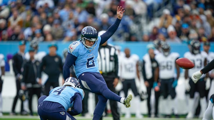 Tennessee Titans place kicker Nick Folk (6) kicks his second field goal of the game during the third quarter at Nissan Stadium in Nashville, Tenn., Sunday, Dec. 8, 2024.