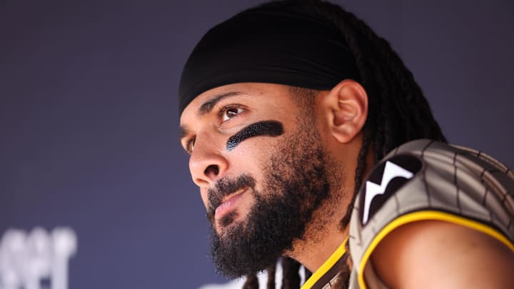 San Diego Padres right fielder Fernando Tatis Jr. (23) in the dugout against the Atlanta Braves in the sixth inning at Truist Park on May 24.