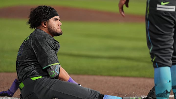 Tampa Bay first baseman Jonathan Aranda (62) reacts after being tagged out at third baser in the Rays' 1-0 loss.