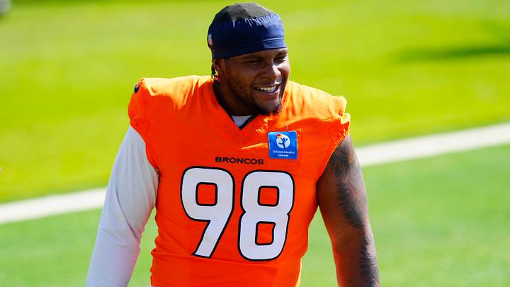 Jul 31, 2026; Englewood, CO, USA; Denver Broncos defensive tackle Tyler Onyedim (98) during training camp at Broncos Park. Jul 31, 2026; Englewood, CO, USA; Denver Broncos defensive tackle Tyler Onyedim (98) during training camp at Broncos Park.