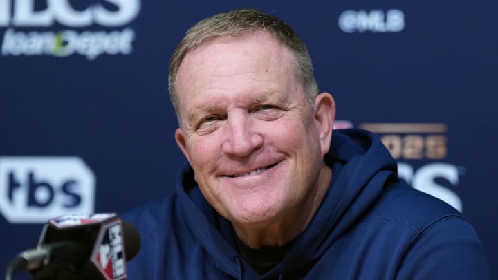 Oct 17, 2025; Los Angeles, California, USA; Milwaukee Brewers manager Pat Murphy (49) speaks in a press conference before game four against the Los Angeles Dodgers in the NLCS round for the 2025 MLB playoffs at Dodger Stadium. Mandatory Credit: Kirby Lee-Imagn Images