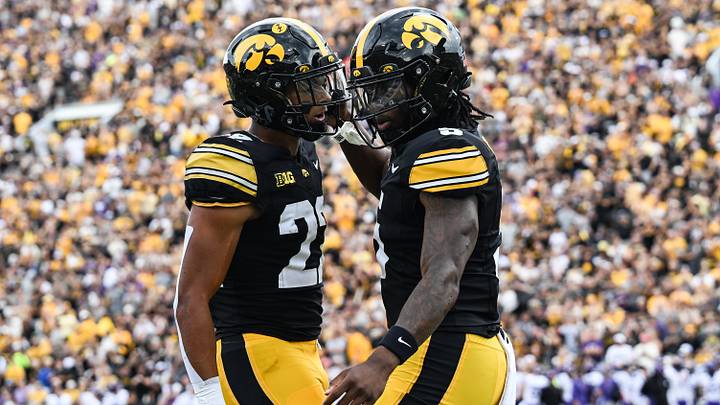 Sep 19, 2026; Iowa City, Iowa, USA;  Iowa Hawkeyes running back Braeden Jackson (22) and running back Nathan McNeil (5) react after a touchdown by McNeil against the UNI Panthers during the first quarter at Kinnick Stadium.  Mandatory Credit: Jeffrey Becker-Imagn Images