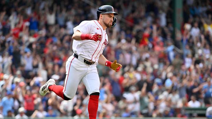 Jun 18, 2026; Boston, Massachusetts, USA; Boston Red Sox third baseman Caleb Durbin (5) runs the bases after hitting a one run home run against the Toronto Blue Jays during the eighth inning at Fenway Park. Mandatory Credit: Eric Canha-Imagn Images