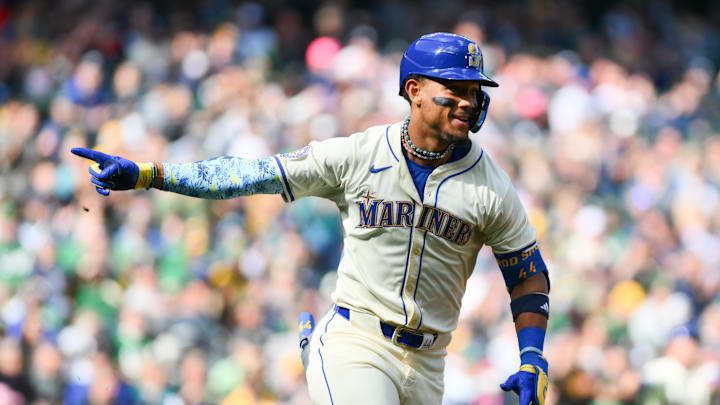 Sep 29, 2024; Seattle, Washington, USA; Seattle Mariners center fielder Julio Rodriguez (44) celebrates after hitting an RBI single against the Oakland Athletics during the fifth inning at T-Mobile Park. Mandatory Credit: Steven Bisig-Imagn Images