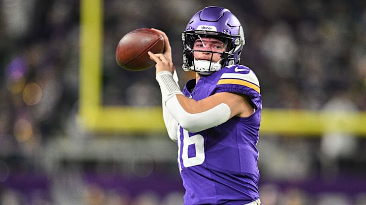 Dec 31, 2023; Minneapolis, Minnesota, USA; Minnesota Vikings quarterback Jaren Hall (16) warms up before the game against the Green Bay Packers at U.S. Bank Stadium.