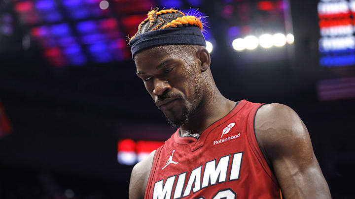 Dec 16, 2024; Detroit, Michigan, USA; Miami Heat forward Jimmy Butler (22) walks off the court after the game against the Detroit Pistons at Little Caesars Arena. Mandatory Credit: Rick Osentoski-Imagn Images Dec 16, 2024; Detroit, Michigan, USA; Miami Heat forward Jimmy Butler (22) walks off the court after the game against the Detroit Pistons at Little Caesars Arena. Mandatory Credit: Rick Osentoski-Imagn Images