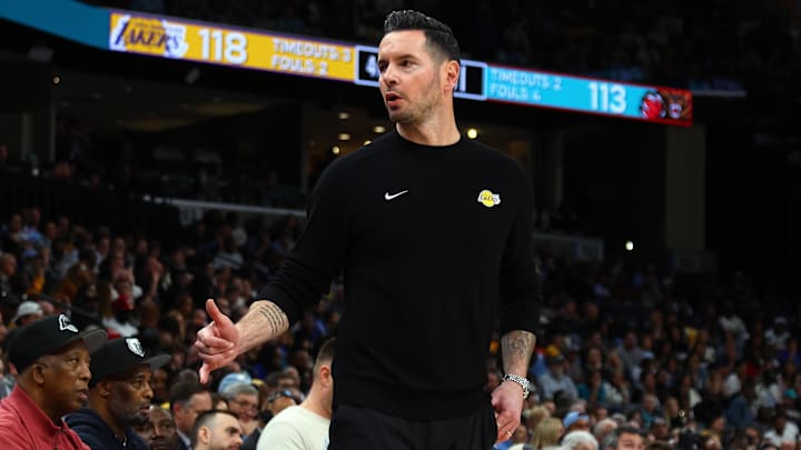 Mar 29, 2025; Memphis, Tennessee, USA: Los Angeles Lakers head coach JJ Redick reacts during the fourth quarter against the Memphis Grizzlies at FedExForum. Mandatory Credit: Petre Thomas-Imagn Images