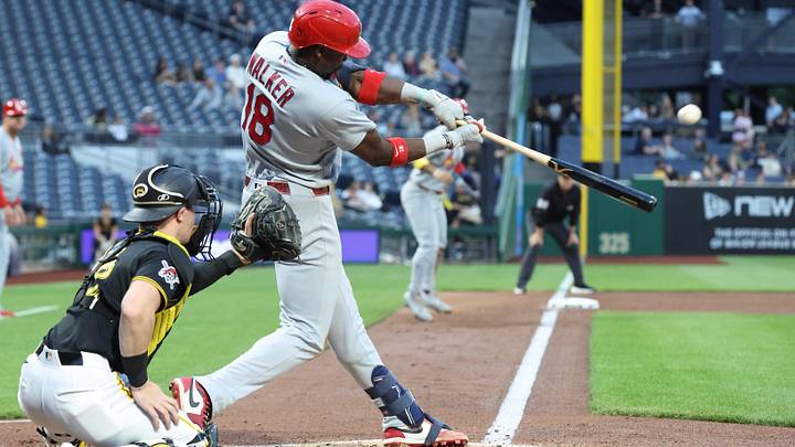 Apr 28, 2026; Pittsburgh, Pennsylvania, USA; St. Louis Cardinals right fielder Jordan Walker (18) drives in a run with a sacrifice fly against the Pittsburgh Pirates during the fifth inning at PNC Park. Mandatory Credit: Charles LeClaire-Imagn Images