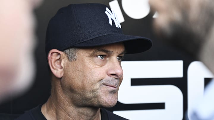 Aug 28, 2025; Chicago, Illinois, USA; New York Yankees manager Aaron Boone speaks tot he media before the team’s game against the Chicago White Sox at Rate Field. Mandatory Credit: Matt Marton-Imagn Images