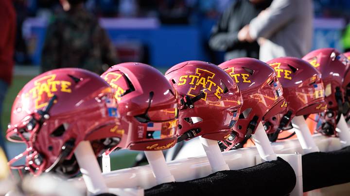 Nov 9, 2024; Kansas City, Missouri, USA; Iowa State Cyclones helmets on the bench during the first quarter against the Kansas Jayhawks at GEHA Field at Arrowhead Stadium. Mandatory Credit: William Purnell-Imagn Images Nov 9, 2024; Kansas City, Missouri, USA; Iowa State Cyclones helmets on the bench during the first quarter against the Kansas Jayhawks at GEHA Field at Arrowhead Stadium. Mandatory Credit: William Purnell-Imagn Images