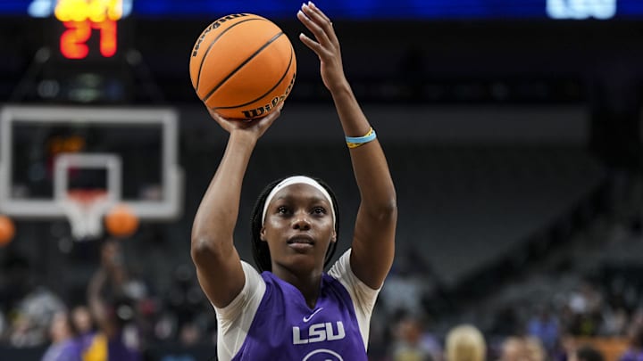 Mar 30, 2023; Dallas, TX, USA;  LSU Lady Tigers forward Amani Bartlett (23) shoots during team practice at American Airlines Center. Mandatory Credit: Kirby Lee-Imagn Images
