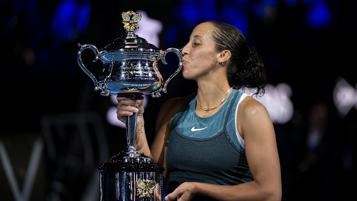 Madison Keys kisses the 2025 Australian Open trophy after defeating Aryna Sabalenka. Madison Keys kisses the 2025 Australian Open trophy after defeating Aryna Sabalenka.