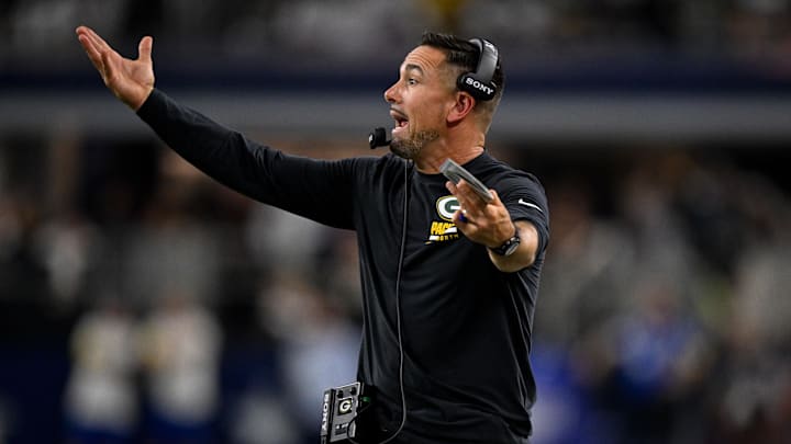 Sep 28, 2025; Arlington, Texas, USA; Green Bay Packers head coach Matt LaFleur motions from the sidelines during the game between the Dallas Cowboys and the Green Bay Packers at AT&T Stadium. Mandatory Credit: Jerome Miron-Imagn Images