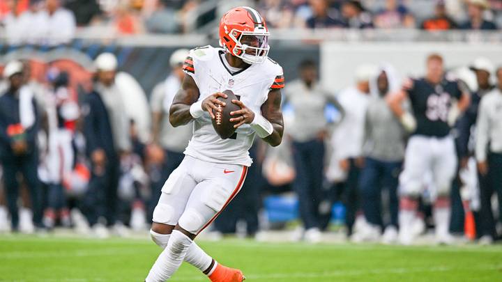 Aug 15, 2026; Chicago, Illinois, USA; Cleveland Browns quarterback Deshaun Watson (4) looks to pass the ball against the Chicago Bears during the first half at Soldier Field. Mandatory Credit: Patrick Gorski-Imagn Images