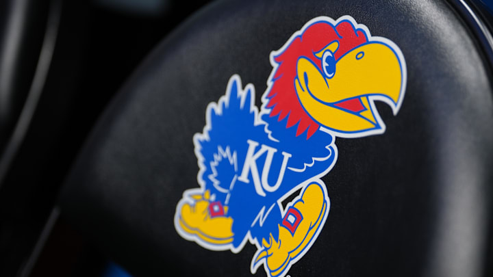 Nov 16, 2024; Lawrence, Kansas, USA; A general view of the Kansas Jayhawks logo on a bench chair prior to a game against the Oakland Golden Grizzlies at Allen Fieldhouse. Mandatory Credit: Denny Medley-Imagn Images Nov 16, 2024; Lawrence, Kansas, USA; A general view of the Kansas Jayhawks logo on a bench chair prior to a game against the Oakland Golden Grizzlies at Allen Fieldhouse. Mandatory Credit: Denny Medley-Imagn Images