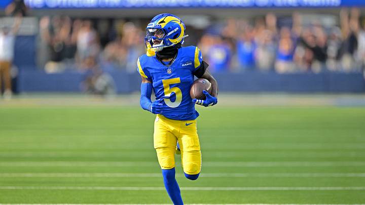Sep 28, 2025; Inglewood, California, USA; Los Angeles Rams wide receiver Tutu Atwell (5) runs for a touchdown on an 88 yard pass play in the fourth quarter against the Indianapolis Colts at SoFi Stadium. Mandatory Credit: Jayne Kamin-Oncea-Imagn Images Sep 28, 2025; Inglewood, California, USA; Los Angeles Rams wide receiver Tutu Atwell (5) runs for a touchdown on an 88 yard pass play in the fourth quarter against the Indianapolis Colts at SoFi Stadium. Mandatory Credit: Jayne Kamin-Oncea-Imagn Images