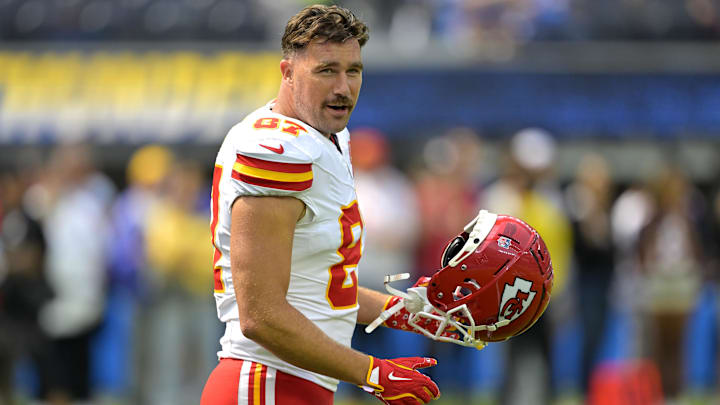 Sep 29, 2024; Inglewood, California, USA;  Kansas City Chiefs tight end Travis Kelce (87) looks on prior to the game against the Los Angeles Chargers at SoFi Stadium. Mandatory Credit: Jayne Kamin-Oncea-Imagn Images