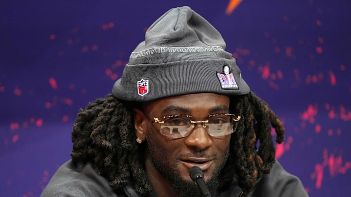 Feb 5, 2024; Las Vegas, NV, USA; San Francisco 49ers wide receiver Brandon Aiyuk (11) talks to the media during Super Bowl LVIII Opening Night at Allegiant Stadium. Mandatory Credit: Lucas Peltier-USA TODAY Sports