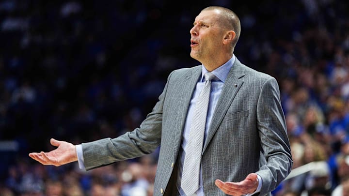 Jan 7, 2026; Lexington, Kentucky, USA; Kentucky Wildcats head coach Mark Pope reacts to the action on the court during the first half against the Missouri Tigers at Rupp Arena at Central Bank Center. Mandatory Credit: Jordan Prather-Imagn Images