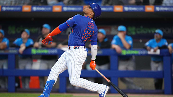 Mar 3, 2025; Port St. Lucie, Florida, USA;  New York Mets outfielder Juan Soto (22) flies out in the first inning against the Miami Marlins at Clover Park. Mandatory Credit: Jim Rassol-Imagn Images