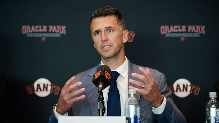 Oct 1, 2024; San Francisco, CA, USA; San Francisco Giants president of baseball operations Buster Posey addresses the media during an introductory press conference at Oracle Park.