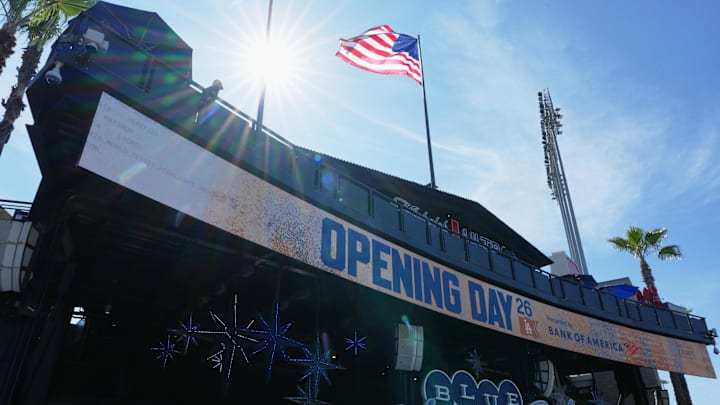 Mar 26, 2026; Los Angeles, California, USA; A general view of Centerfield Plaza before the 2026 season opening game between the Los Angeles Dodgers and the Arizona Diamondbacks at Dodger Stadium. Mandatory Credit: Kirby Lee-Imagn Images