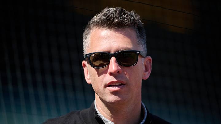 San Francisco, California, USA; San Francisco Giants president of baseball operations Buster Posey looks on before the game between the Pittsburgh Pirates and San Francisco Giants at Oracle Park. Mandatory Credit: Robert Edwards-Imagn Images