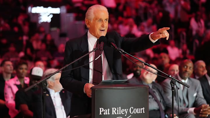Oct 23, 2024; Miami, Florida, USA; Miami Heat president Pat Riley addresses the crowd during the Pat Riley Court dedication ceremony at halftime at Kaseya Center. Mandatory Credit: Jim Rassol-Imagn Images Oct 23, 2024; Miami, Florida, USA; Miami Heat president Pat Riley addresses the crowd during the Pat Riley Court dedication ceremony at halftime at Kaseya Center. Mandatory Credit: Jim Rassol-Imagn Images