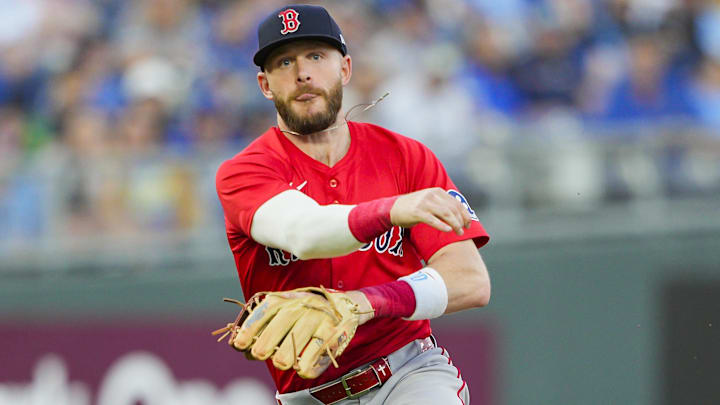 Boston Red Sox third baseman Alex Bregman (2) throws to first base against the Kansas City Royals at Kauffman Stadium.