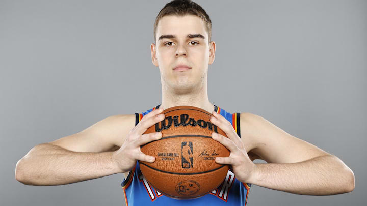 Sep 30, 2024; Oklahoma City, OK, USA; Oklahoma City Thunder guard Nikola Topic poses for a photo during Oklahoma City Thunder Media Day at Paycom Center. Mandatory Credit: Alonzo Adams-Imagn Images