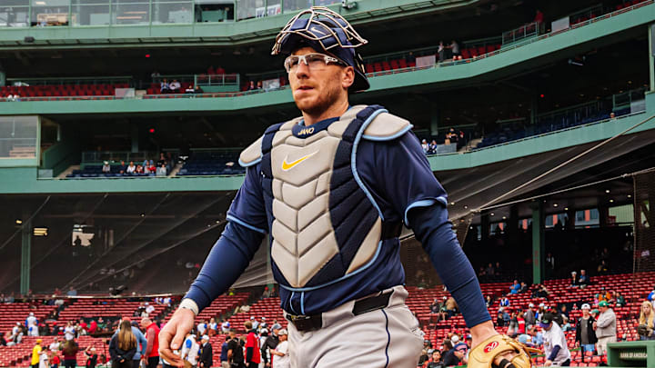 Jun 10, 2025; Boston, Massachusetts, USA; Tampa Bay Rays catcher Danny Jansen (19) makes his way to the bullpen before the start of the game against the Boston Red Sox at Fenway Park. Mandatory Credit: David Butler II-Imagn Images
