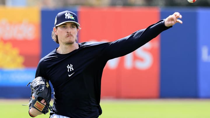 Feb 12, 2026; Tampa, FL, USA;  New York Yankees pitcher Max Fried (54) works out during spring training workouts at George M. Steinbrenner Field. Mandatory Credit: Kim Klement Neitzel-Imagn Images