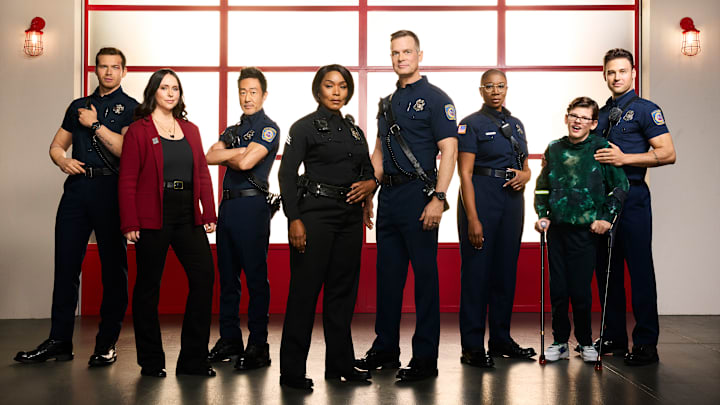 9-1-1 - ABC's 9-1-1 stars Oliver Stark as Evan "Buck" Buckley, Jennifer Love Hewitt as Maddie Kendall, Kenneth Choi as Howie "Chimney" Han, Angela Bassett as Athena Grant, Peter Krause as Bobby Nash, Aisha Hinds as Henrietta "Hen" Wilson, Gavin McHugh as Christopher Diaz, and Ryan Guzman as Eddie Diaz. (Disney/Justin Stephens)