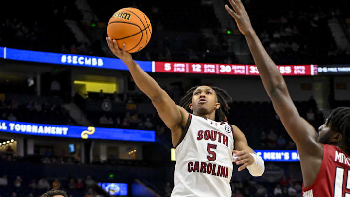 Mar 14, 2024; Nashville, TN, USA;  South Carolina Gamecocks guard Meechie Johnson (5) against the