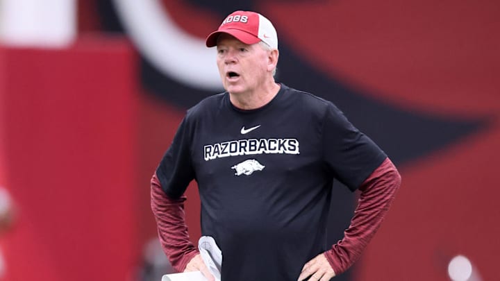 Aug 14, 2025; Fayetteville, AR, USA; Arkansas Razorbacks offensive coordinator and quarterbacks coach Bobby Petrino during practice. Mandatory Credit: Nelson Chenault-Imagn Images