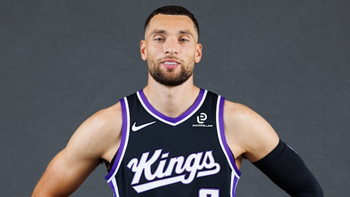 Sep 29, 2025; Sacramento, CA, USA; Sacramento Kings guard Zach LaVine (8) during media day at Golden 1 Center. Mandatory Credit: Sergio Estrada-Imagn Images