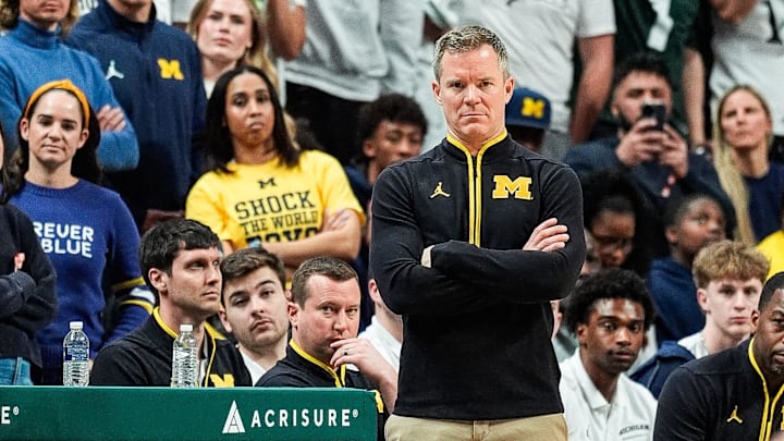 Michigan head coach Dusty May watches a play against Michigan State during the second half at Breslin Center in East Lansing on Sunday, March 9, 2025.