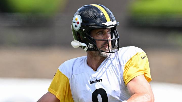 Aug 03, 2026; Latrobe, PA, USA; Pittsburgh Steelers quarterback Aaron Rodgers (8) throws a pass in a practice session at Training camp at Saint Vincent College. Mandatory Credit: Barry Reeger-Imagn Images Aug 03, 2026; Latrobe, PA, USA; Pittsburgh Steelers quarterback Aaron Rodgers (8) throws a pass in a practice session at Training camp at Saint Vincent College. Mandatory Credit: Barry Reeger-Imagn Images