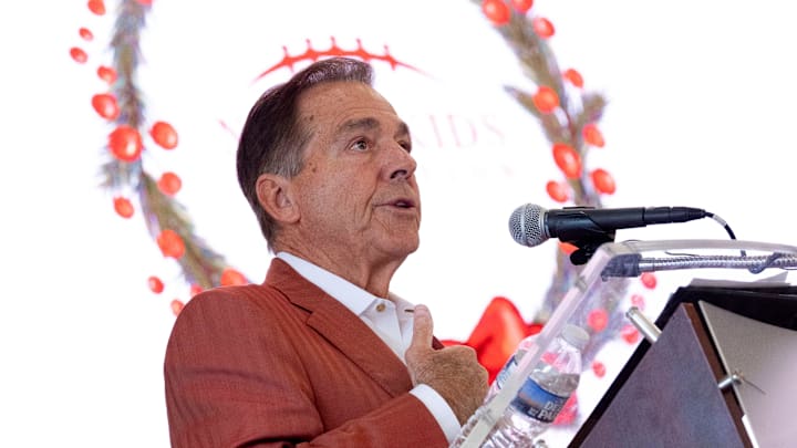 Dec. 3, 2025; Tuscaloosa, Alabama, USA; The Nick’s Kids Foundation Teacher Excellence Awards Luncheon honored 70 teachers from across West Alabama at Tuscaloosa River Market. This was the 14th year for the awards luncheon. Nick Saban speaks during the luncheon. Dec. 3, 2025; Tuscaloosa, Alabama, USA; The Nick’s Kids Foundation Teacher Excellence Awards Luncheon honored 70 teachers from across West Alabama at Tuscaloosa River Market. This was the 14th year for the awards luncheon. Nick Saban speaks during the luncheon.