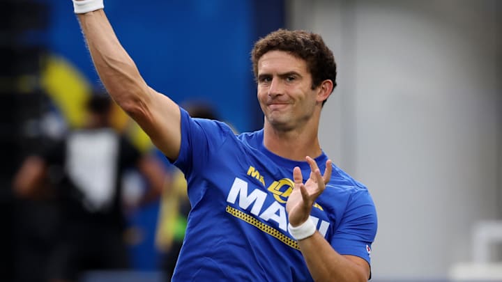 Aug 19, 2023; Inglewood, California, USA;  Los Angeles Rams quarterback Stetson Bennett (13) warms