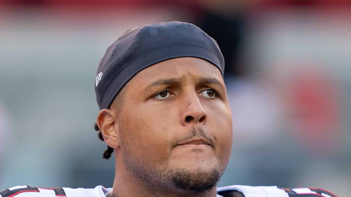 October 19, 2025; Santa Clara, California, USA; Atlanta Falcons guard Matthew Bergeron (65) before the game against the San Francisco 49ers at Levi's Stadium. Mandatory Credit: Kyle Terada-Imagn Images