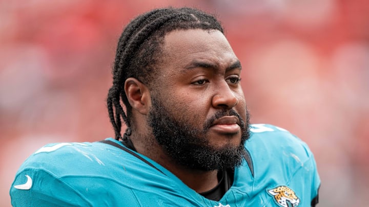 September 28, 2025; Santa Clara, California, USA; Jacksonville Jaguars guard Chuma Edoga (55) after the game against the San Francisco 49ers at Levi's Stadium. 