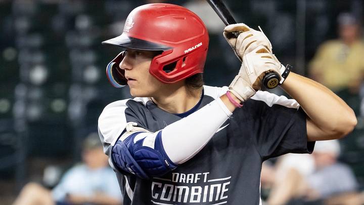 Jun 18, 2024; Phoenix, AZ, USA; Ecole Secondaire Notre Dame High School catcher Nathan Flewelling during the MLB Draft Combine at Chase Field.