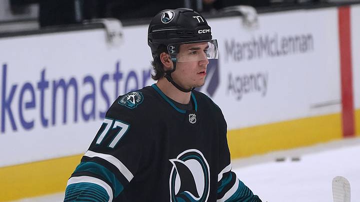 Mar 30, 2026; San Jose, California, USA;  San Jose Sharks center Michael Misa (77) warms up before the game against the St. Louis Blues at SAP Center at San Jose. Mandatory Credit: David Gonzales-Imagn Images