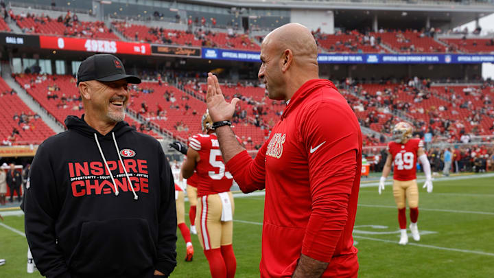San Francisco 49ers defensive coaches Gus Bradley (L) and Robert Saleh (R)