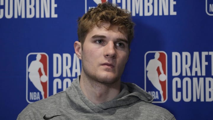 May 14, 2025; Chicago, Il, USA; Liam McNeeley talks to the media during the 2025 NBA Draft Combine at Marriott Marquis Chicago. Mandatory Credit: David Banks-Imagn Images