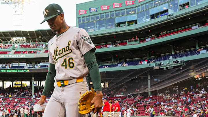 Jul 11, 2024; Boston, Massachusetts, USA; Oakland Athletics starting pitcher Luis Medina (46) heads to the bullpen before the start of the game against the Boston Red Sox at Fenway Park. Mandatory Credit: David Butler II-Imagn Images Jul 11, 2024; Boston, Massachusetts, USA; Oakland Athletics starting pitcher Luis Medina (46) heads to the bullpen before the start of the game against the Boston Red Sox at Fenway Park. Mandatory Credit: David Butler II-Imagn Images